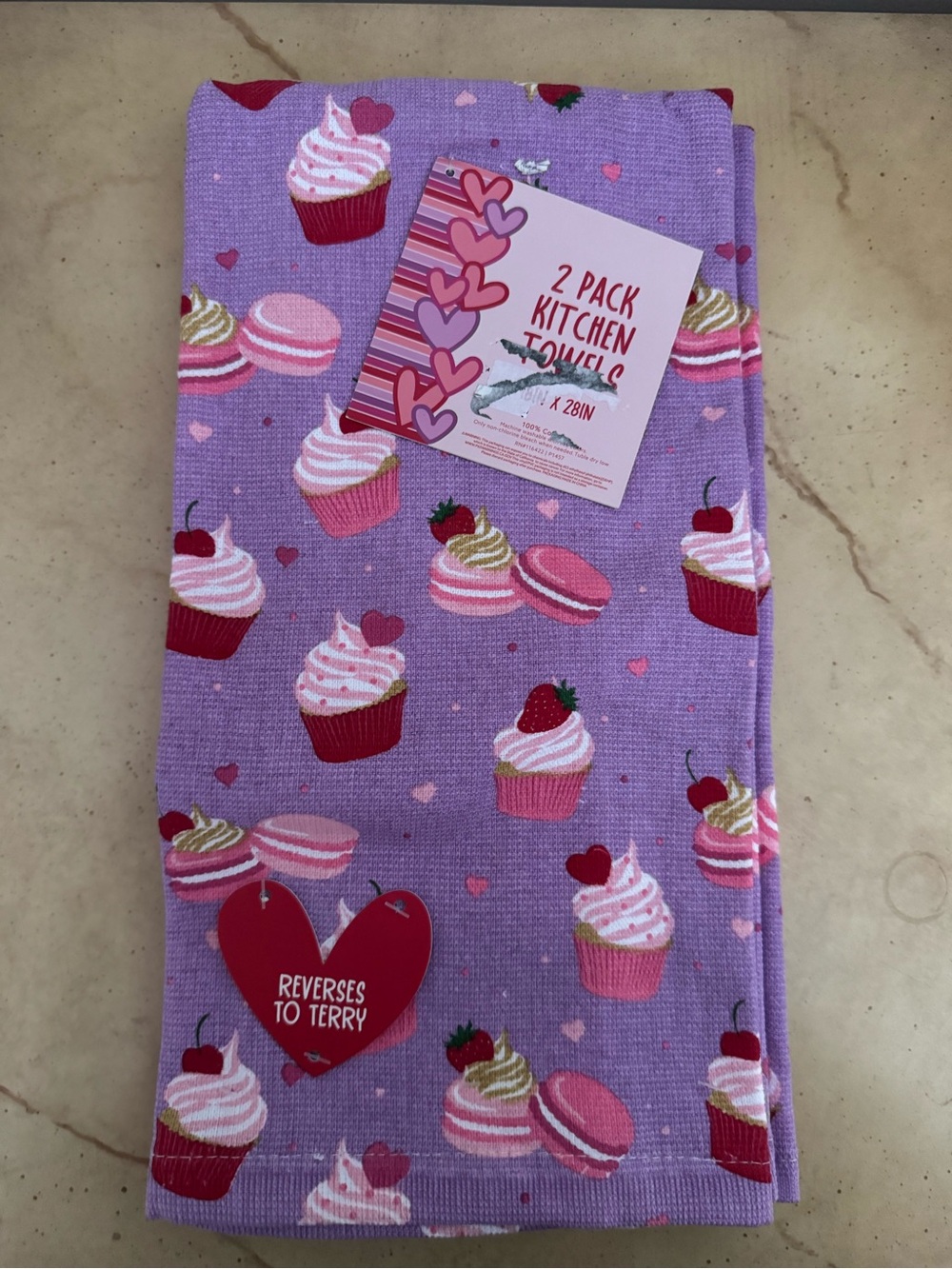 Purple Cupcake & Macaron Kitchen Towel Set - 2 Pack